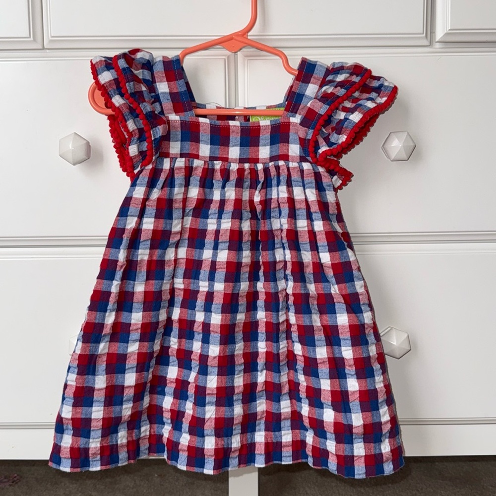 Girls Classic Whimsy patriotic red white and blue gingham dress. Size 18months.